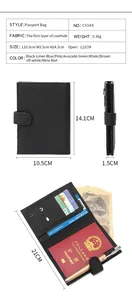 Detailed view of genuine leather RFID passport wallet showing dimensions and internal slots