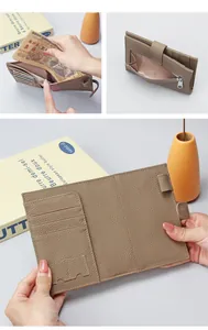 Detail view of genuine leather passport wallet with card slots and a zipper coin pocket