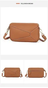 Detail of yellowish brown cowhide leather crossbody bag with geometric puzzle stitching