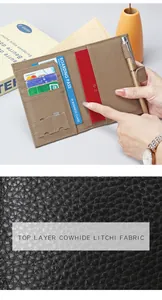 Macro detail of top layer cowhide with litchi texture on a leather passport wallet
