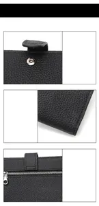 Detail of pebbled black leather passport wallet with silver zipper and snap closure