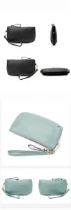 Litchi pattern leather clutch bag in black and flax blue with metal zippers