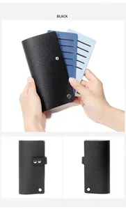 Détail du porte-cartes en cuir grainé avec compartiments bleus et bouton-pression