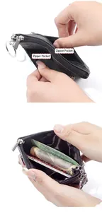 Detailsicht der schwarzen Leder-Geldbörse mit Silber-Reißverschluss und Schlüsselring