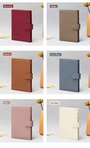 Close-up of leather passport covers in six colors with litchi grain and magnetic snap