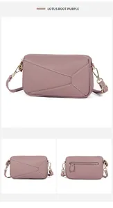 Macro view of lotus root purple leather crossbody bag with geometric stitching and gold hardware