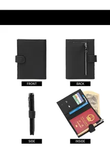 Detail showing multi-functional leather passport wallet with card slots and RFID protection
