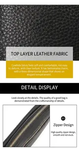 Detail of premium black litchi grain leather texture and smooth metal zipper on the bag
