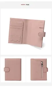 Detailed views of pink leather passport wallet with card slots and zipper pocket