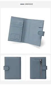 Detailed view of Linen Blue leather passport wallet with card slots and a zipper pocket