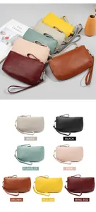Detailed grid of leather clutch bags in seven colors showing pebbled texture and wrist strap