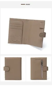 Detailed internal view of khaki leather passport wallet with card slots and zipper pocket