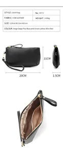 Detailed cow leather clutch bag dimensions 20x1.5x11cm with wristlet and inner compartments