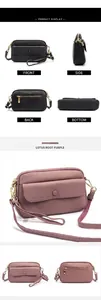 Detailed views of leather crossbody bags in black and lotus purple with gold hardware
