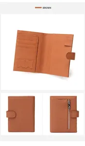 Detailed view of brown lychee grain leather passport wallet with card slots and back zipper