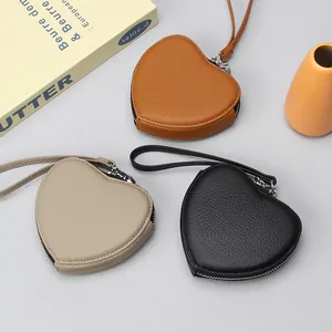 Herzförmige Münzbörse Aus Echtem Leder Für Damen Süße Litschi Muster Rindsleder Mini Brieftasche Mit Handschlaufe Aufbewahrungstasche Für Lippenstift Kopfhörer