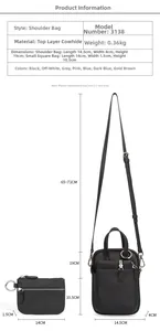 Detailed size chart for leather crossbody phone bag with strap length measurements