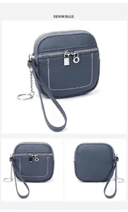 Dettaglio del mini portafoglio in pelle blu denim con cerniere multiple e portachiavi