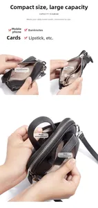 Internal structure showing compartments for phone and cards in black leather crossbody bag