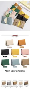 Detail view of mini leather envelope wallets in 8 colors with metallic snap closure