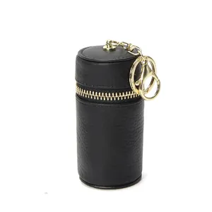 Mini pochette porte-clés en cuir noir grainé avec fermeture éclair dorée pour monnaie