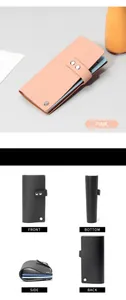 Détails du porte-cartes en cuir rose et noir avec fermeture à pression et vues multiples
