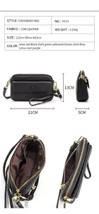 Detail view of black pebble cow leather crossbody bag with dimensions and internal capacity