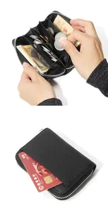 Dettaglio del portamonete in pelle con scomparti per carte organizzati e tasca a zip