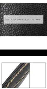 Detail of top layer cowhide with litchi texture and premium gold metal zipper on black bag