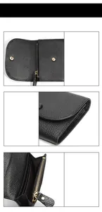 Dettagli del portafoglio in pelle nera con chiusura magnetica e tasca dorata con zip