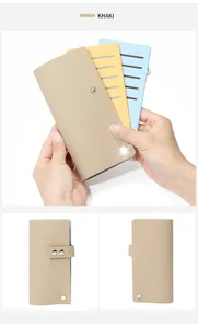 Détail d'un porte-cartes en cuir kaki avec plusieurs fentes et fermeture à bouton-pression