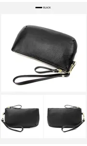 Detailed views of black pebbled leather clutch with gold zipper and wrist strap