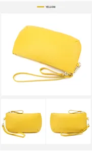 Three-angle view of yellow pebble grain leather clutch bag with gold zipper and wrist strap