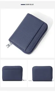 Dettagli del portafoglio in pelle blu scuro con slot RFID e chiusura a cerniera