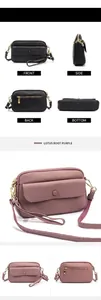 Detailed views of leather crossbody bag in lotus root purple with gold hardware details