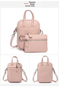 Peony pink leather tote bag set with detachable strap and zipper pouch in detail view