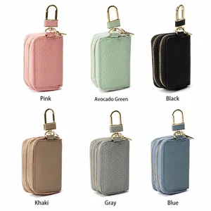 Echt lederen autosleutel etui met dubbele rits in zes kleuren en matte lychee-textuur
