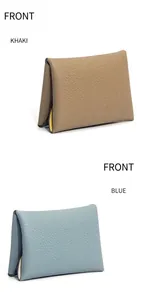 Detailed front view of genuine leather coin purses in khaki and blue with pebbled texture