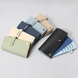 Porte-cartes en Cuir Véritable pour Femmes Première Couche Vachette Minimaliste Grain Litchi Coulissant Plusieurs Emplacements Contrastée