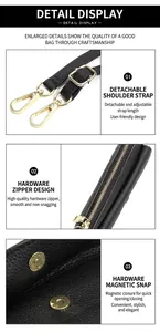 Détails du sac bandoulière en cuir avec ferrures dorées et bandoulière réglable