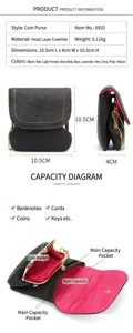 Detail view of genuine leather coin purse interior with metal chain and zipper pouch
