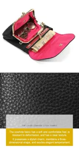 Detail of leather coin purse with gold clasp, pink lining, and chain strap