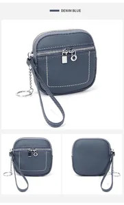 Dettaglio mini portafoglio in pelle blu denim con zip argento e anello portachiavi