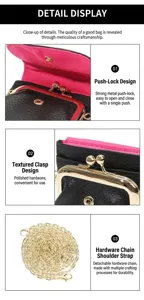 Detail of black pebbled leather mini pouch with gold metal frame, snap and chain strap