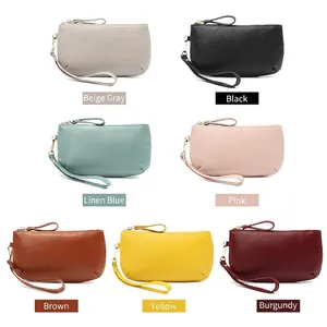 Minimalist genuine leather long wallet for women in seven colors with wristlet