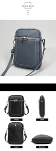 Detailed views of leather phone bag in denim blue and black with litchi grain texture