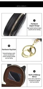Details der Leder-Münztasche mit Katzenohren, Innenspiegel und goldenem Reißverschluss