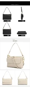 Vues multiples du sac bandoulière en cuir véritable avec fermeture éclair métallique dorée