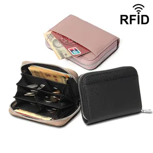 Portafoglio in Vera Pelle con Blocco RFID da Donna Portamonete in Pelle di Vacchetta a Grana Litchi Porta Carte Mini con Cerniera