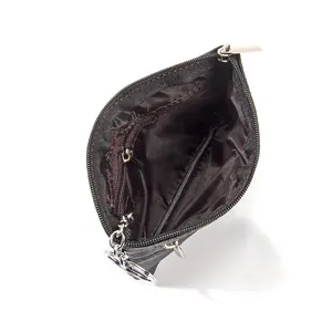 Schlanke schwarze Echtleder-Geldbörse mit Reißverschluss und Schlüsselring für Damen